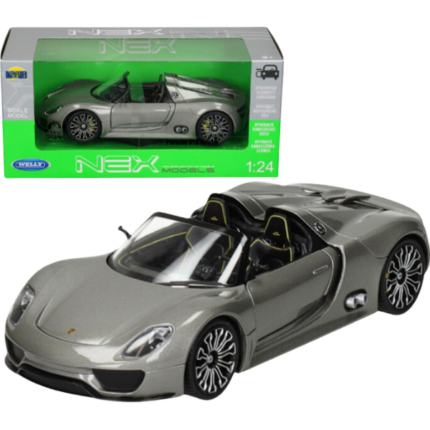 Mașina metalică de colecție PORSCHE 918 SPYDER 1:24 Welly PORSCHE 918 SPYDER 1:24   de la producătorul Welly.Scară: 1:24Caracteristice: cadru metalic, anvelope din cauciuc, piesele auto imită designul unei mașini adevărate, unele piese sunt cromate.Vopsea: Vopseaua este netedă, densă, durabilă și perfect lucioasă.Funcție: Mașina poate deschide 2 uși și capota față. Volanul este controlat.Producator: WELLY Produsul este fabricat cu respectarea tuturor cerințelor drepturilor de autor.Mașina are un design realist cu linii detaliate de modelare, acoperire cu pulbere fină, foarte potrivită pentru afișare în camera de zi, birou, mașina va deveni o parte interesantă în colecția  ta.
