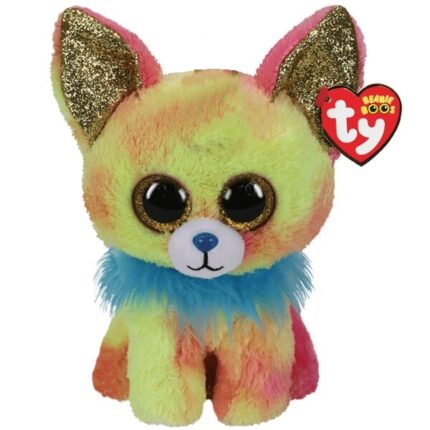 Чихуахуа YIPS 15 см (Beanie Boos) TY Incorporation – это безопасные и увлекательные плюшевые игрушки, которые являются необычайно популярными среди детей со всего земного шара. Они выполнены из антиаллергенных, экологически чистых и высококачественных материалов. А при их производстве было задействовано передовое и новейшее оборудование. 	Волшебная плюшевая игрушка сделана из мягкого и приятного шелка Ty Silk. 	Блестящие глаза Beanie Boo. 	Разноцветные, текстурированные акценты Super Sparkle. 	Веселое выражение лица скрасит ваш день. 	Включает официальный Ty Heart с днем ​​​​рождения и стихотворением.