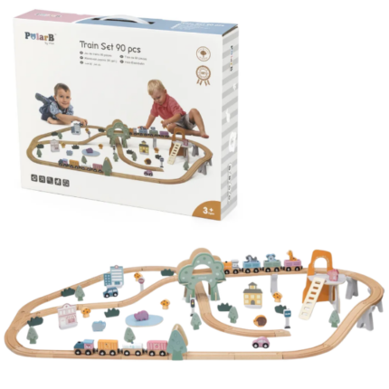 Calea ferata din lemn cu tren si accesorii, 90 elem.