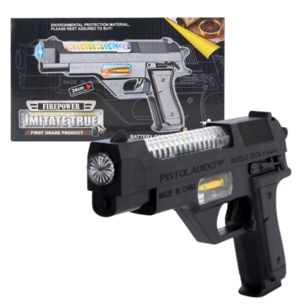 Pistolul «FirePower» Automatul de jucărie FirePower este un cadou minunat pentru micii iubitori de jocuri active. Fabricat din plastic de calitate, asigură durabilitate și siguranță. Caracteristica specială a pistolului sunt efectele luminoase și sonore — elementele jucăriei se aprind în culori diferite, făcând jocul și mai captivant. Cu o lungime de 23,5 cm, este ideal pentru copiii de la 5 ani.Caracteristici: 	Ambalaj: Cutie 	Culoare: Negru 	Tip de alimentare: Baterii (nu sunt incluse) 	Material: PlasticBeneficii pentru copii: 	Dezvoltă coordonarea mâiniilor și ochiilor 	Stimulează imaginația și abilitățile de joc de rol 	Îmbunătățește concentrarea și reacția, făcând jocul dinamic și activ