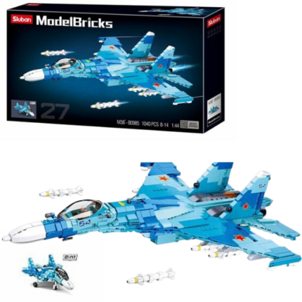 Set de construcție „Avion reactiv de vânătoare 2 în 1”, albastru, 1040 elem. Setul de construcție de la Sluban Model Bricks „Avion reactiv de vânătoare 2 în 1”, vă permite să asamblați un model avia realist. Setul include 1 minifigurină.  Piesele din plastic sunt de înaltă calitate, toate elementele designului se unesc în mod fiabil între ele și pot fi demontate ușor. Setul este compatibil cu modele de construcție de la producători mondiali, inclusiv Lego. 	Număr de piese: 1040 	Copilul nu numai că se va bucura de procesul de asamblare, dar se va putea juca și cu modelul finisat. 	Lungimea modelului asamblat: I 24,4 сmII 49,7 сmConstructorul este o jucărie educațională minunată. Un set bun de construcție pentru copii deschide spațiu pentru creativitate, oferă copilului posibilitatea de a-și arăta abilitățile și ajută la dezvoltarea acestora. Produsul este fabricat din plastic ecologic și respectă standardele sanitare și tehnice și standardele de calitate.Setul de construcție Sluban este un cadou minunat pentru un copil. Asamblarea unui set de construcție este o activitate fascinantă atât pentru băieți, cât și pentru fete. Un copil poate construi o mașină, un castel sau o fortăreață cu propriile mâini și apoi să se joace cu ele. Seturile de la producătorul Sluban dezvoltă gândirea logică și percepția tridimensională a copilului