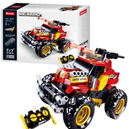 Set de construcție „SUV”, cu telecomandă, 265 elem. Setul de construcție de la Sluban Power Bricks „SUV”, vă permite să asamblați un model realist a unui automobil care poate fi condusă prin intermediul telecomenzii. Piesele din plastic sunt de înaltă calitate, toate elementele designului se unesc în mod fiabil între ele și pot fi demontate ușor. Setul este compatibil cu modele de construcție de la producători mondiali, inclusiv Lego. 	Număr de piese: 265 	Copilul nu numai că se va bucura de procesul de asamblare, dar se va putea juca și cu modelul finisat. 	Lungimea modelului asamblat: 17 сmConstructorul este o jucărie educațională minunată. Un set bun de construcție pentru copii deschide spațiu pentru creativitate, oferă copilului posibilitatea de a-și arăta abilitățile și ajută la dezvoltarea acestora. Produsul este fabricat din plastic ecologic și respectă standardele sanitare și tehnice și standardele de calitate.Setul de construcție Sluban este un cadou minunat pentru un copil. Asamblarea unui set de construcție este o activitate fascinantă atât pentru băieți, cât și pentru fete. Un copil poate construi o mașină, un castel sau o fortăreață cu propriile mâini și apoi să se joace cu ele. Seturile de la producătorul Sluban dezvoltă gândirea logică și percepția tridimensională a copilului