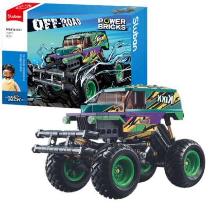 Set de construcție „Monster Truck verde-mov”, cu inerție, 252 elem. Setul de construcție de la Sluban Power Bricks „Monster Truck verde-mov”, vă permite să asamblați un model realist a unui automobil cu inerție. Include 1 minifigurină. Piesele din plastic sunt de înaltă calitate, toate elementele designului se unesc în mod fiabil între ele și pot fi demontate ușor. Setul este compatibil cu modele de construcție de la producători mondiali, inclusiv Lego. 	Număr de piese: 252 	Copilul nu numai că se va bucura de procesul de asamblare, dar se va putea juca și cu modelul finisat. 	Lungimea modelului asamblat: 18,2 сmConstructorul este o jucărie educațională minunată. Un set bun de construcție pentru copii deschide spațiu pentru creativitate, oferă copilului posibilitatea de a-și arăta abilitățile și ajută la dezvoltarea acestora. Produsul este fabricat din plastic ecologic și respectă standardele sanitare și tehnice și standardele de calitate.Setul de construcție Sluban este un cadou minunat pentru un copil. Asamblarea unui set de construcție este o activitate fascinantă atât pentru băieți, cât și pentru fete. Un copil poate construi o mașină, un castel sau o fortăreață cu propriile mâini și apoi să se joace cu ele. Seturile de la producătorul Sluban dezvoltă gândirea logică și percepția tridimensională a copilului