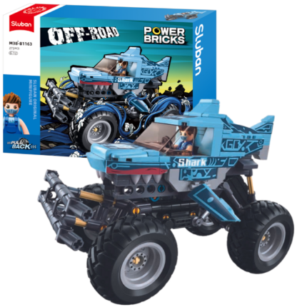 Set de construcție „Monster Truck — Rechinul albastru”, cu inerție, 273 elem. Setul de construcție de la Sluban Power Bricks „Monster Truck - Rechinul albastru”, vă permite să asamblați un model realist a unui automobil cu inerție. Include 1 minifigurină. Piesele din plastic sunt de înaltă calitate, toate elementele designului se unesc în mod fiabil între ele și pot fi demontate ușor. Setul este compatibil cu modele de construcție de la producători mondiali, inclusiv Lego. 	Număr de piese: 273 	Copilul nu numai că se va bucura de procesul de asamblare, dar se va putea juca și cu modelul finisat. 	Lungimea modelului asamblat: 18,4 сmConstructorul este o jucărie educațională minunată. Un set bun de construcție pentru copii deschide spațiu pentru creativitate, oferă copilului posibilitatea de a-și arăta abilitățile și ajută la dezvoltarea acestora. Produsul este fabricat din plastic ecologic și respectă standardele sanitare și tehnice și standardele de calitate.Setul de construcție Sluban este un cadou minunat pentru un copil. Asamblarea unui set de construcție este o activitate fascinantă atât pentru băieți, cât și pentru fete. Un copil poate construi o mașină, un castel sau o fortăreață cu propriile mâini și apoi să se joace cu ele. Seturile de la producătorul Sluban dezvoltă gândirea logică și percepția tridimensională a copilului