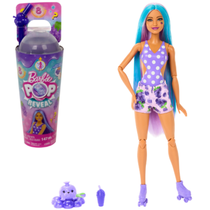 Păpușa Barbie Pop Reveal „Suc de struguri”, Fruit Series Barbie Pop Reveal Doll „Suc de struguri” este cea mai nouă reapariție Barbie!O nouă experiență incredibilă cu surprize o așteaptă pe fetița ta- sunt 8!În interiorul cupei vei vedea pungulițe misterioase care conțin: o Barbie incredibil de frumoasă, cu păr lung  cu aroma de struguri; pantaloni scurți strălucitori cu imprimeu de fructe; un animăluț amuzant; un colac de salvare pentru el.Pune paiul în capacul ceștii! Uite - slime-ul colorat de pe capac curge direct în sticlă și acoperă cutiuțile mici sub formă de cuburi de gheață. Scoateți cuburile și deschideți-le pentru a descoperi rolele și o mini cană pentru păpușa Barbie.Conținutul setului: sticlă, paie, păpușă, haine, animalul de companie, slime și alte accesorii