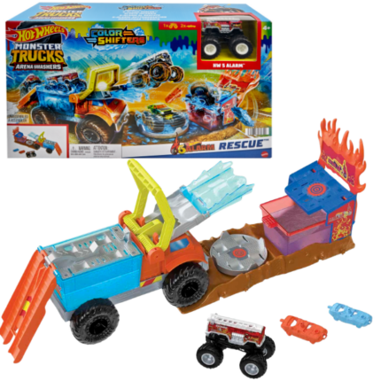 Hot Wheels Игровой набор с 5-Alarm Rescue серии «Monster Trucks Color Shifters» Набор Hot Wheels Monster Trucks Arena Smashers Color Shifters 5-Alarm Rescue – это захватывающее приключение с механизмами изменения цвета.В этом наборе дети водят включенный автомобиль Color Shifters HW 5-Alarm в холодный бассейн с водой в отсоединяемом полуприцепе, чтобы запустить первое изменение цвета, перед тем как направить его в стену огня за трибуной. Попав по месту удара, 5-Alarm врезается в трибуну: две включенные раздавливающиеся машинки и монстр-трак попадают в очень теплую воду, и 5-Alarm снова меняет цвет! После этого автомобиль можно вывести на поворотном столике, чтобы удалить избыточную воду, перед повторением испытания! Цвета и декорации могут отличаться.Особенности продукта: 	Набор Hot Wheels Monster Trucks Arena Smashers Color Shifters 5-Alarm Rescue обеспечивает увлекательную игру с возможностью сенсорного взаимодействия благодаря захватывающим функциям изменения цвета! 	Запустите включенный автомобиль Color Shifters HW 5-Alarm по рампе и в холодный бассейн с водой отсоединяемого полуприцепа. Почувствуйте мощь движения, когда нажимаете на рампу и бак, чтобы начать изменение цвета. 	Поднимите машину на платформу, чтобы слить воду, а затем используйте пусковое устройство, чтобы запустить 5-Alarm в стену огня! 5-Alarm приходит на помощь! 	Попав по месту удара, 5-Alarm врезается в трибуну, где находятся две включенные раздавливающиеся машинки, сбивая все автомобили в очень теплый бассейн с водой и снова инициируя изменение цвета. 	Поставьте 5-Alarm на поворотную платформу, чтобы удалить избыточную воду перед следующим испытанием. 	Отсоедините полуприцеп с водой для самостоятельной игры или увеличения сложности испытания, переместив его дальше от цели. 	Набор соединяется с другими наборами Hot Wheels Monster Trucks Arena Smashers Color Shifters 5-Alarm Rescue, чтобы дети могли создать мир разрушения и крушения.