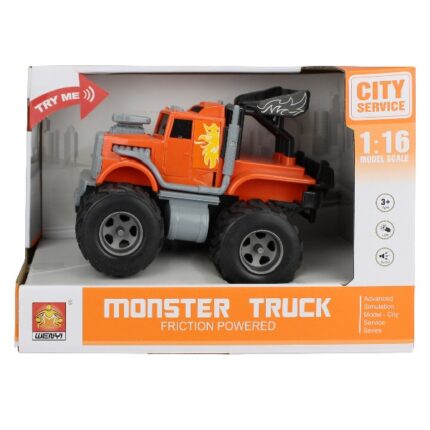1:16 Инерционная машина ”Monster Truck” (свет / звук) Новая модель автомобиля из серии ”Monster Truck” выполнена в благородном оранжевом цвете и обязательно понравится юному автолюбителю. Игрушка изготовлена из безопасного и прочного пластика. Большие колеса с протекторами легко едут по любой поверхности. Особый интерес игре придают световые и звуковые эффекты, активировать которые можно нажатием кнопки на корпусе. В процессе игры с машиной тренируется координация движений, внимание, развивается воображение и пространственное восприятие.Характеристики: 	Автомобиль представлен в масштабе 1:16. 	Инерционный механизм. 	Колёса с резиновыми покрышками. 	Свет и звук работают от 3-х батареек «AG13» (входят в комплект для демонстрации).