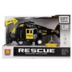 1:20 Elicopter de salvare cu fricțiune (lumini /sunete) Colecția de vehicule de salvare îi oferă oricărui pasionat ore întregi de acțiune și distracție! Realizate din materiale rezistente și de calitate, cu un design realist și interesant, elicopterele sunt jucării superbe, cu ajutorul cărora copiii pot pune în scenă secvențe de acțiune pe care le elaborează ei înșiși.Caracteristici: Elicopterul de salvare este mereu în acțiune chiar și pe terenuri greu accesibile, deoarece cu troliul manual targa poate fi lăsată în jos, pentru a aduce oamenii salvați în siguranță. Elicele elicopterului se pot învârti, lumina de căutare și sunetele se pot activa cu ajutorul butoanelor plasate deasupra cabinei. De asemenea, ușile de deschidere a elicopterului permit copilului dumneavoastră să privească în interiorul acestuia. Bateriile necesare pentru efectele luminoase și sonore, 3 x AG13 (bateriile sunt incluse). Elicopterul este dotat cu motor cu fricțiune, astfel, el va fi împins puțin și datorită fricțiunii se va deplasa o mare distanță pe direcția înainte. Jucăria este construită la o scara de 1:20.