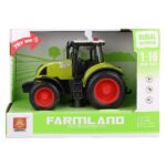 1:16 Tractor cu fricțiune „Farmland” (lumina/sunet) Copilul dumneavoastră poate să se joace în siguranță, punând imaginația în lucru și să fie un șofer de tractor pentru a dezvolta abiliitățile unui bun fermier. Formele speciale și culorile vii încurajează copilul să exerseze și să se joace, stimulând astfel dezvoltarea individuală. Execuția robustă și culorile vibrante vor atrage cu siguranță atenția și curiozitatea oricărui copil.Acestea reprezintă replici fidele ale utilajelor utilizate în realitate de către marii agricultori, tractoarele emit sunete și lumini de atenționare. Sunetele specifice pot fi acționate prin butoanele plasate deasupra cabinei. Roțile sunt de cauciuc. Tractoarele sunt proiectate pentru lucrările agricole și sunt echipate cu elemente mobile. Tractoarele din seria „Trailered Farm Tractor” sunt fabricate din material plastic de înaltă calitate. Tractorul este construit la o scara de 1:16. Jucăria este dotată cu motor cu fricțiune, astfel, ea va fi împinsă puțin și datorită fricțiunii ea se va deplasa o mare distanță pe direcția înainte.Jucăria este alimentată de baterii: 3 x AG13 (bateriile sunt incluse).
