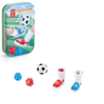 Jocul de masă „Fingerfootball” Jocul de masă „Fingerfootball”-  este o distracție fascinantă pentru copii și adulți, care va ajuta la dezvoltarea coordonării și a dexterității, precum și va oferi o mulțime de momente distractive!Caracteristici: 	Vârsta: Potrivit pentru copii de la 3 ani în sus. 	Accesorii: Setul include doi pantofi de fotbal pentru degete, două cuburi de scor, o poartă metalică și o minge. 	Mini-joc: Mini fotbal cu degete care este ușor de transportat și de luat cu tine în călătorii. 	Multifuncțional: Cutia metalică de depozitare se transformă într-o poartă! Așezați poarta împotriva unui perete pentru cele mai bune rezultate. 	Element competitiv: Determinați cine va ataca și cine se va apăra și încercați să înscrieți cât mai multe goluri! După 10 încercări, schimbați locurile și vedeți cine este mai bun. 	Dezvoltarea abilităților: Ajută la dezvoltarea coordonării mâinilor și ochilor, a dexterității degetelor și a abilităților de rezolvare a problemelor.Perfect pentru: Zilele ploioase și călătoriile lungi cu mașina.Descrierea produsului: 	Procesul de joacă: Acest joc este conceput pentru doi jucători, dar un jucător poate juca singur folosind mâna dreaptă împotriva mâinii stângi. 	Pregătire: Puneți-vă pantofii de fotbal și pregătiți-vă de joc. 	Alocarea rolurilor: Aruncați zarurile pentru a decide cine va juca în apărare și cine va juca în atac. Jucătorul care aruncă cel mai mare număr începe atacul. 	Durata rundei: Fiecare rundă durează 3 minute. Atacantul înscrie un gol atunci când mingea lovește plasa. Folosiți zaruri pentru a înscrie. 	Inversarea rolurilor: Schimbați rolurile pentru a doua jumătate a jocului. 	Determinarea câștigătorului: Câștigă echipa cu cele mai multe puncte!