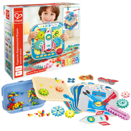 Set de joc «Angrenajele și mecanismul lor de funcționare» Explorați lumea fascinantă a roților dințate, mecanismelor și tehnologiei cu acest set uimitor! Așezați pioneze, roți dințate și decorațiuni din carton pe unul dintre cele șase fundaluri, apoi rotiți roțile pentru a le da viață.Caracteristici: 	Ajută la dezvoltarea imaginației, logicii și motricității fine. 	Include 115 piese pentru crearea diverselor mecanisme. 	Potrivit pentru copiii de la 3 ani. 	Conține: roți dințate, pioneze, decorațiuni din carton, 6 fundaluri diferite.Dimensiuni ambalaj: 30 x 30 x 6 cm.