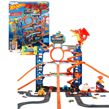 Hot Wheels Set de joc «Garaj Ultimate» Hot Wheels Garaj Ultimate — este un set de joc unic care invită copiii să exploreze toate cele patru niveluri de curse, cascadorii și povești captivante! Fiecare nivel inspiră aventuri pe pistă, inclusiv curse latură la latură, cascadorii și o bătălie epică cu un dragon care mănâncă mașini. Setul vine cu două vehicule Hot Wheels și are suficiente locuri de parcare pentru mai mult de 50 de mașinuțe la scară 1:64. De asemenea, se conectează la alte seturi, permițând copiilor să își construiască orașul Hot Wheels. Seturi suplimentare se vând separat. Culorile și decorațiile pot varia.Cursați, faceți cascadorii și luptați cu un dragon în multilevelul Hot Wheels Garaj Ultimate.La primul etaj se află detalii interesante de joc pe pistă, cum ar fi furtunuri mobile, un spălător auto cu un cilindru de spumă, ramificații și conectori pentru a se conecta la alte seturi ca parte a unui oraș mai mare Hot Wheels. (Seturi suplimentare se vând separat.)Folosiți liftul pentru două mașini pentru a urca la următorul nivel, unde copiii pot lansa cele 2 mașini Hot Wheels incluse direct din lift în cursa latură la latură.La al treilea nivel, lansați-vă într-o cascadorie cu loop, ajustând ramificațiile pentru a schimba destinațiile finale ale mașinilor.Un dragon flămând vă așteaptă la nivelul 4, iar copiii își lansează Hot Wheels pentru a-l înfrunta sau riscă să fie mâncați. Mașinile mâncate „ies” de cealaltă parte, în timp ce dragonul învins se prăbușește în fundul garajului.Profitați de cele peste 50 de locuri de parcare pentru un depozit ușor și convenabil pentru Hot Wheels.Hot Wheels Garaj Ultimate include 2 vehicule Hot Wheels, făcând din acesta un cadou excelent pentru copiii cu vârste de 5 ani și mai mari.