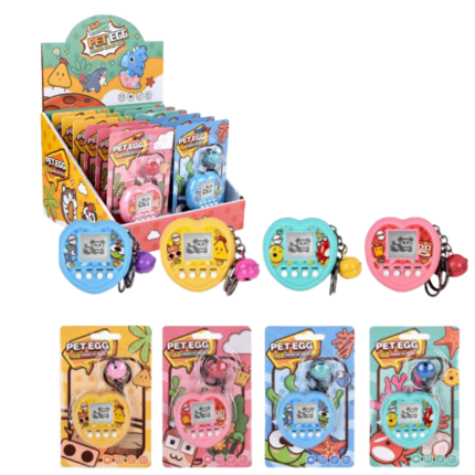 Breloc pentru chei Tamagotchi, în formă de inimă, (as.) Culori vibrante: Tamagotchi sunt disponibile în patru culori atrăgătoare, făcându-le stilate și vesele. 	Cu baterii incluse: Fiecare Tamagotchi funcționează cu baterii, astfel că sunt gata de joacă imediat ce sunt desfăcute. 	Construcție din plastic durabil: Fabricate din plastic de înaltă calitate, aceste brelocuri sunt concepute să reziste la utilizarea zilnică. 	Dimensiune compactă: Formatul mini le face ideale pentru a fi purtate în buzunar sau la chei. 	Ambalaj în limba engleză: Fiecare set vine într-un ambalaj atractiv în limba engleză, ceea ce îl face o alegere excelentă pentru cadouri de sărbători sau pur și simplu pentru a aduce bucurie.