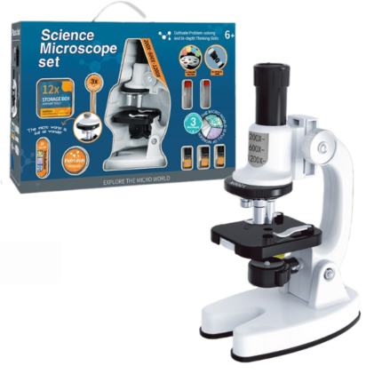 Microscop Științific Microscop cu mărire de 200X-1200X, set complet cu lamele de microscop și adaptor pentru telefon. Microscop biologic puternic pentru laboratoare școlare și educație acasă.Include lame pregătite și goale, iluminare LED. Microscop portabil educațional pentru studenți și începători. Cel mai bun cadou: dezvoltă interesul copiilor pentru explorarea microcosmosului, îmbunătățește abilitățile practice și crește înțelegerea microorganismelor.Copiii pot învăța nu doar din manuale, ci și prin practică. Microscopul este un cadou excelent pentru copiii cu vârste cuprinse între 6 și 18 ani.Design Special: Acest microscop are o mărire înaltă de 200X-600X-1200X, 4 filtre colorate și iluminare LED pentru imagini clare și detalii.Ușor de utilizat: Folosiți instrumentele de disecție pentru a colecta și observa mostre, așezându-le pe o lamă de sticlă și ajustând mărirea. Toate accesoriile pot fi păstrate într-o cutie de stocare ABS, protejându-le de daune sau pierderi.Set Complet de Accesorii: Kitul nostru de microscop științific conține numeroase accesorii: lame de plastic pregătite, lame goale, cupe Petri, recipiente de colectare, sticlă de acoperire, instrumente de disecție, șervețel pentru lentile și adaptor pentru telefon. Acestea vă vor ajuta să explorați mai ușor lumea micro.