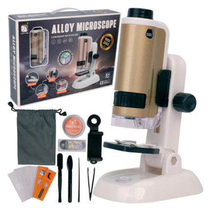 Microscop cu un set mare de accesorii, albastru și auriu
