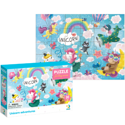 Puzzle «Aventura unicornilor», seria Fantasy, 30 elem. Vă invităm în vacanță cu puzzle-ul nostru de 30 de piese "Aventurile unicornilor" din seria Fantasy.Micii unicorni pleacă într-o aventură distractivă: vor zbura printre nori, se vor juca și se vor distra. Micuții cu o imaginație bogată sunt invitați să li se alăture și ei.Să facem lumea din jurul nostru magică și strălucitoare cu seria Fantasy, care va deveni preferata micilor imaginativi. Piesele de puzzle sunt mari, realizate din carton rezistent și vor rezista la orice joc.Este potrivit pentru copiii de la 3 ani și îi ajută să-și dezvolte abilitățile motorii fine, coordonarea și gândirea spațială.