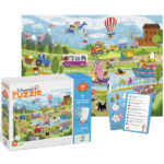 Joc de dezvoltare-puzzle «Vara în sat», seria Wimmelpuzzle, 60 elem. Ce faci dacă te-ai săturat să mergi pe jos? Alegeți un vehicul pentru dumneavoastră... Dar care dintre ele? Puzzle-ul nostru wimel îl va ajuta pe micuțul tău să se decidă, pentru că prezintă, probabil, toate variantele de transport existente: de la un balon până la role de pământ. Sunt atât de multe vehicule și șoferi pe imagine, încât numărarea lor pare a fi o provocare. Vei reuși să o faci? Particularitatea puzzle-ului vimel este numărul de elemente de pe imagine, pentru că puzzle-ul este literalmente plin de personaje. Sarcina copilului este de a găsi elementul potrivit, care este indicat pe cartea de sarcini. Jocul cu un astfel de puzzle îl învață pe copilul dumneavoastră concentrarea.Wimmelpuzzle este un tip special de puzzle care descrie scene sau peisaje detaliate cu un număr mare de personaje, obiecte sau elemente. Denumirea "Wimmelpuzzle" provine de la cuvântul german "Wimmelbild", care înseamnă "puzzle de mulțime" sau "puzzle cu multe piese". Wimmelpuzzle-urile sunt adesea folosite ca joc educațional pentru copii, deoarece promovează atenția, perseverența și gândirea logică. Copiii găsesc plăcere să găsească diferite obiecte în imagine și să asambleze puzzle-ul.