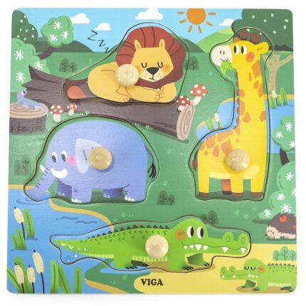 Puzzle din lemn cu buton „Animale sălbatice"