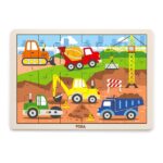 Puzzle din lemn «Vehicule de construcție», 24 elem. Puzzle-ul "Șantierul de construcții" de la Viga Toys introduce copilul în lumea fascinantă a construcțiilor. Ilustrațiile colorate prezintă excavatoare, basculante, macarale și alte utilaje de construcții în acțiune. Setul conține 24 de piese mari, ușor de așezat în ramă.Beneficii: 	Dezvoltă coordonarea ochilor și mâinilor. 	Îmbunătățește motricitatea fină. 	Stârnește interesul copilului pentru utilajele de construcții. 	Ajută la dezvoltarea gândirii logice, atenției și memoriei.Vârstă recomandată: de la 2 ani.