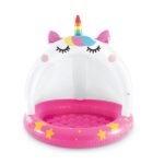 INTEX Piscină gonflabilă pentru copii cu baldachin „Unicorn” 102х102 cm, 45 L,  1-3 ani Bazin gonflabil „Unicorn” Intex 58438Acest bazin gonflabil cu design unicorn este perfect pentru copiii de peste 2 ani. Cu o adâncime mică și un design vesel, va atrage cu siguranță atenția celor mici și va oferi ore de distracție în apă.Caracteristici: 	Tip: Bazin gonflabil pentru copii 	Vârstă recomandată: De la 2 ani 	Dimensiuni: Diametru 102 cm 	Tipul fundului: Gonflabil pentru un plus de confort 	Material: PVC rezistent (0,25 mm) 	Design: Unicorn, vesel și coloratAcest bazin este ușor de instalat, sigur și perfect pentru joaca în aer liber pe timpul verii!