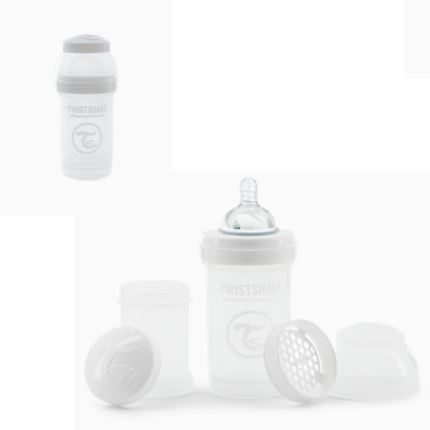 Biberon Anti-Colici, Alb Pastel, 330 ml, 0+ luni Biberonul Twistshake completează perfect alăptarea. Fiecare biberon include un recipient practic pentru laptele praf și o sită pentru omogenizare. Sistemul unic TwistFlow previne activ apariția colicilor și asigură un flux uniform. Biberonul are un gât larg, astfel încât este foarte ușor de curățat. Are un design ergonomic, ușor de ținut în mână și care menține căldura.