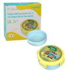 Caserola termică 2în1, albastră Caserolă termică dublă, formată din bol din inox și bol din polipropilenă (PP).Caracteristici: 	Fabricată din oțel inoxidabil 	Strat de plastic ce dublează caserola pentru menținerea alimentelor reci/calde pe o perioadă mai lungă 	Material durabil, incasabil, rezistent la congelare 	Fără petrol, BPA/BPS, PVC sau alte substanțe nocive 	Ușor de curățat - se poate spăla și la mașina de spălat vase 	Design colorat și atrăgător 	Capacitate caserolă termică: 750 ml 	Capacitate bol: 400 mlSetul include o linguriță și o furculiță, oferind un plus de comoditate. Caserola este concepută pentru a preveni scurgerile de lichide sau mâncare, asigurând că alimentele rămân bine închise și protejate, indiferent de modul de transport.Se recomandă curățarea produsului după fiecare utilizare. Nu folosiți un burete sau o cremă de curățare abrazivă pentru a evita deteriorarea produsului. Spălați cu grijă și păstrați produsul într-un loc bine ventilat.Evitați apropierea de foc sau temperaturi înalte pentru a preveni deformarea caserolei.