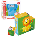 Set cuburi din lemn «Jungla», 9 buc. Set de puzzle cu bloc din lemn din noua piese. Poate fi folosit pentru a crea 6 imagini de animale diferite Jungla este plina de animale neastamparate! Completati diferitele parti ale acestui puzzle pentru a vedea leul, elefantul, girafa, zebra, crocodilul si maimuta curioasa. Combina sase puzzle-uri intr-un singur set de blocuri. Puneti cele noua piese ale puzzle-ului impreuna pe podea pentru a completa imaginea leului. Acum incepeti din nou sa creati elefantul, girafa, zebra si crocodilul si maimuta. Stivuiti blocurile in pozitie verticala pentru a crea imaginile pe verticala. in timpul jocului liber, stivati blocurile la capat pentru a crea un turn sau formati-le intr-o forma de sarpe lung. Jucariile sunt realizate din lemn, folosind materiale ecologice, vopsite in culori atragatoare cu vopsele nontoxice, care depasesc cele mai inalte si stricte standarde internationale de siguranta si calitate, precum EN71, ISO9001, ASTM F963 si altele. De multi ani, Hape a creat jucarii fantastice, de inalta calitate, folosind materiale ecologice si durabile, fiecare produs fiind atent proiectat pentru a stimula abilitatile senzoriale, fizice si emotionale.