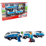 Tren interurban Toata lumea la bord! Acest tren rapid are mult loc pentru un sofer si un pasager cu bagaje. Cuplajele magnetice inteligente leaga vagoanele intre ele indiferent de orientarea lor. Utilizati cuplajele magnetice pentru a uni carele. Magnetii inteligenti fac clic impreuna, indiferent de modul in care este orientata fiecare trasura. incarcati pasagerul si bagajele acestuia in tren si incepeti o aventura. Lucratorul feroviar poate conduce trenul sau poate sta afara si flutura semnul de siguranta. Include tren rapid cu trei vagoane Figurinele de joaca se pot incadra in vagoane iar setul include un pasager cu geanta si un lucrator feroviar cu semnal Compatibil cu majoritatea seturilor de cale ferata din lemn. Jucariile sunt realizate din lemn, folosind materiale ecologice, vopsite in culori atragatoare cu vopsele nontoxice, care depasesc cele mai inalte si stricte standarde internationale de siguranta si calitate, precum EN71, ISO9001, ASTM F963 si altele. De multi ani, Hape a creat jucarii fantastice, de inalta calitate, folosind materiale ecologice si durabile, fiecare produs fiind atent proiectat pentru a stimula abilitatile senzoriale, fizice si emotionale.