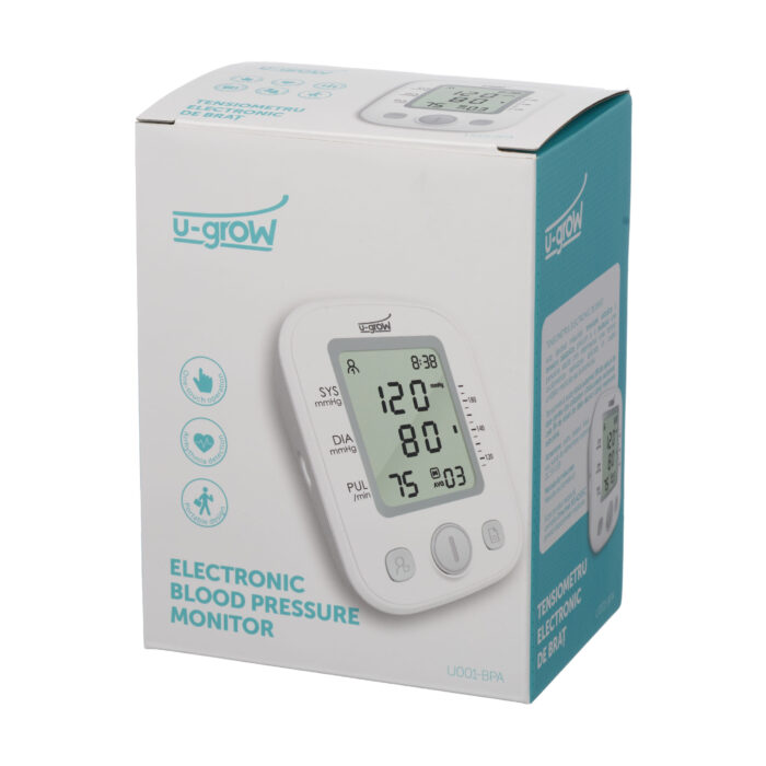 Tensiometru electronic ,U-grow Tensiometru electronic de brat U-GROW .Monitorul tensiometrului poate stoca 99 de grupuri de memorare.Dupa fiecare masurare a tensiunii, monitorul va salva automat datele respective.Cand capacitatea de memorare a aparatului a atins limita maxima, datele vechi vor fi inlocuite cu cele noi. 	Asezati-va cotul pe birou. 	Mansonul si inima trebuie sa fie la acelasi nivel. 	Tineti palma cu fata in sus si relaxati-va.Masurati-va tensiunea in fiecare zi la aceeasi ora, la acelasi brat si in aceeasi posturaPozitia mansonului influenteaza rezultatele.Este de preferat sa va masurati tensiunea arteriala de baza (tensiunea la trezire, inainte de mictiunea de dimineata).Daca nu puteti face acest lucru, masurati-va tensiunea inainte de a practica vreun sportNu atingeti aparatul, mansonul sau tubul de aer.In timp ce va masurati tensiunea, stati linistit si relaxatStati linistit cel putin 5 minute inainte de a va masura tensiunea.Relaxati-va corpul, bratele si degetele, nu efectuati activitati care sa implice musculatura.Nu vorbiti in timp ce va masurati tensiunea;Daca este necesar, masurati-va tensiunea din nou, dupa 4 – 5 minute.