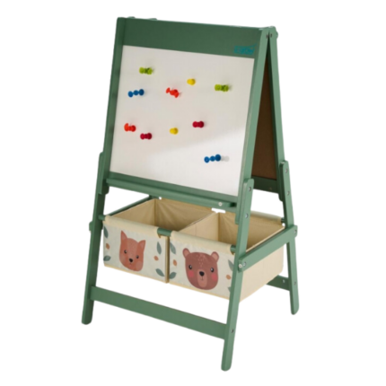 Tablă de scris, verde, U-grow Această tablă de scris este un instrument excelent pentru creativitate și învățare.Caracteristici: 	Suprafață dublă: o față albă pentru desen, cu rolă de hârtie inclusă, și o față neagră pentru desen sau scriere cu cretă. 	Două cutii spațioase sub tablă pentru depozitarea accesoriilor sau a jucăriilor. 	Asamblare rapidă și ușoară, cu instrucțiuni incluse.Dimensiune: 54 x 45 x 93 cmBeneficii pentru copii: 	Dezvoltă creativitatea și imaginația. 	Stimulează dezvoltarea motricității fine prin desen și scriere. 	Contribuie la organizarea spațiului și păstrarea accesoriilor în ordine.