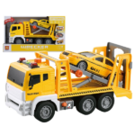 1:12 Camion de tractare cu mașina taxi cu fricțiune (lumini /sunete) Camionul de tractare a vehiculelor va oferi distracție creativă. Mașina este echipată cu efecte sonore și luminoase, așa ca distracția va fi și mai realistă.Atracții ale vehiculului: 	camionul este dotat cu motor cu fricțiune, astfel, el va fi împins puțin și datorită fricțiunii se va deplasa pe o mare distanță pe direcția înainte 	lumini de atenționare 	după apăsarea butonului de pe acoperiș puteți auzi sunetul vehiculului pornind, munca motorului, inversarea, claxonul 	camionul este echipat cu o platformă mobilă cu braț ce este actionată prin apăsarea butonului 	jucăria este realizată din plastic de înaltă calitate 	anvelopele pentru camioane sunt înconjurate de o bandă de cauciucSetul include:– Un camion trailer cu remorcă– 1 mașină de taxi– scara 1:12Jucăria este alimentată de baterii (3 x AG13) incluse în set.