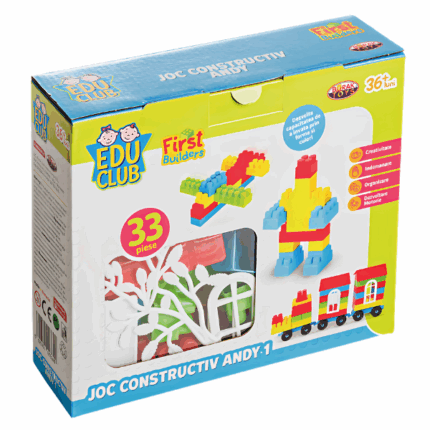 Constructor Andy 1 (33 piese) Acest set de construcție este ideal pentru micii constructori care iubesc să creeze structuri interesante.Caracteristici: 	33 de piese colorate pentru realizarea avioanelor, trenurilor, roboților și altor obiecte. 	Piesele se îmbină ușor și sunt potrivite pentru mâinile copiilor. 	Contribuie la dezvoltarea motricității, imaginației și organizării. 	Potrivit pentru copii de la 36 de luni.Avantaje: 	Dezvoltă abilitățile creative. 	Îi ajută pe copii să învețe formele și culorile. 	Materiale sigure și de înaltă calitate.Perfect pentru joaca acasă sau la grădiniță!
