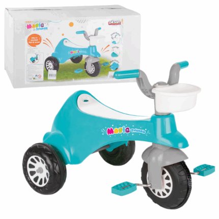 Tricicletă Magic Tricycle, albastră Alegerea perfectă pentru copiii activi de peste 36 de luni!Magic Tricycle este mai mult decât o jucărie – este un partener în dezvoltarea armonioasă: 	Potrivită pentru copii de 36+ luni 	Capacitate maximă: 35 kg 	Compartiment de depozitare sub șezut 	Coș frontal practic pentru jucării și obiecte mici 	Ajută la dezvoltarea mușchilor picioarelor 	Îmbunătățește coordonarea și susține sistemul muscular și osos 	Instalare ușoară, fără unelte speciale 	Se poate depozita dezasamblată 	Design ergonomic și aspect modern 	Fabricată din materiale sigure, fără substanțe cancerigene – ideală pentru copiiJoacă activă și dezvoltare prin distracție!