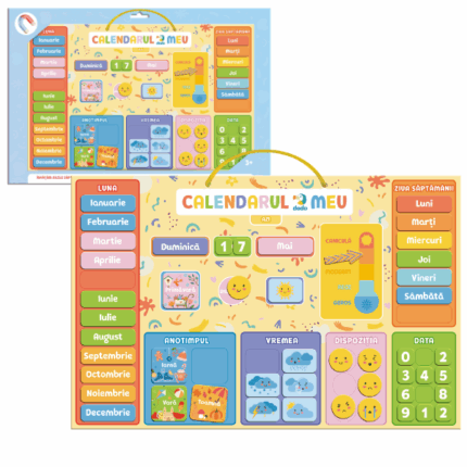 Calendar educativ magnetic, (ro) Calendarul educativ magnetic este o modalitate colorată și interactivă prin care copilul poate învăța despre timp: zilele săptămânii, lunile anului, vremea și anotimpurile.Cu ajutorul magneților detașabili, copiii pot marca zilnic data, ziua săptămânii, starea vremii și starea de spirit. Acest joc sprijină dezvoltarea memoriei, atenției și gândirii logice, oferind o înțelegere clară a conceptului de timp și a succesiunii evenimentelor.Realizat din materiale durabile și sigure. Ideal pentru acasă, grădiniță sau școala primară.Recomandat pentru copii de la 3 ani.