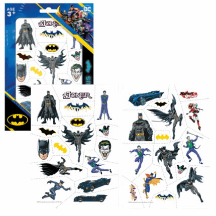 Set de tatuaje temporare pentru copii «Batman: Eroii din Gotham City», 40 buc. Vă prezentăm un set de tatuaje temporare pentru copii cu eroii preferați din „Batman”. Setul conține 40 de tatuaje colorate (2 foi), care strălucesc în întuneric și sunt foarte ușor de aplicat. Toate ilustrațiile sunt de calitate și originale.Tatuajele sunt așezate pe o bază de hârtie cu dimensiunea de 148×210 mm.Un set viu colorat și elegant, care cu siguranță va atrage atenția micilor fani ai lui Batman și ai echipei sale!