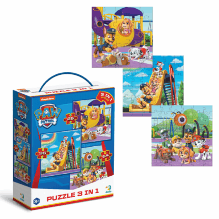 Puzzle 3-în-1 «Teren de joacă», 25, 36, 54 piese, seria Patrula Cățelușilor Oferă-i copilului tău o activitate captivantă și educativă cu acest set de puzzle-uri marca Dodo! Setul conține 3 puzzle-uri cu grade diferite de dificultate — cu 25, 36 și 54 de piese, perfecte pentru a dezvolta pas cu pas gândirea logică și răbdarea.Fiecare puzzle are dimensiunea de 20 × 20 cm după asamblare și este realizat din carton gros și rezistent. Ilustrațiile viu colorate îi vor captiva pe cei mici.Caracteristici: 	3 puzzle-uri într-un singur set: 25, 36 și 54 de piese 	Dimensiunea fiecărui puzzle asamblat: 20 × 20 cm 	Cutie practică: 22 × 6 × 18 cm 	Susține dezvoltarea atenției, motricității fine și logicii 	Vârsta recomandată: 3+ ani 	Brand: DodoO alegere excelentă pentru joacă educativă și progresivă!