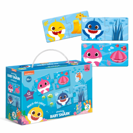 Puzzle «Potrivește culorile», 24 elem., seria Baby Shark Puzzle-ul Dodo „Baby Shark: Potrivește culorile” este un set educativ și colorat format din 12 puzzle-uri mici, fiecare cu 2 piese. Pe fiecare puzzle sunt ilustrați personajele îndrăgite din desenul animat Baby Shark, făcând învățarea culorilor mai distractivă.Jocul ajută copiii să învețe culorile într-un mod simplu și amuzant, dezvoltând în același timp motricitatea fină, atenția și gândirea logică.Caracteristici: 	12 puzzle-uri separate, cu câte 2 piese fiecare 	Ilustrații vesele cu personaje Baby Shark 	Învață culorile prin joacă 	Carton gros și rezistent 	Vârsta recomandată: de la 2 aniUn cadou ideal pentru micii fani Baby Shark, care combină distracția cu învățarea!