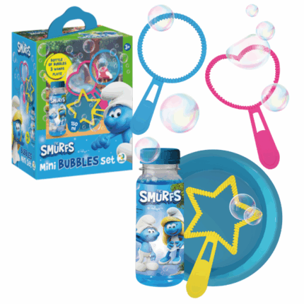 Set mini pentru baloane de săpun «Smurfii», 150 ml Distracție garantată pentru cei mici cu setul mini de baloane de săpun cu tematică de pitici! Sticla conține 150 ml de soluție specială pentru baloane rezistente și colorate. Forma practică și greutatea redusă îl fac ușor de folosit de către copii. Ideal pentru joacă în aer liber, petreceri sau cadouri.Caracteristici: 	Design atractiv cu personaje pitici 	Volum: 150 ml 	Potrivit pentru copii de la 3 ani 	Soluție sigură și netoxică