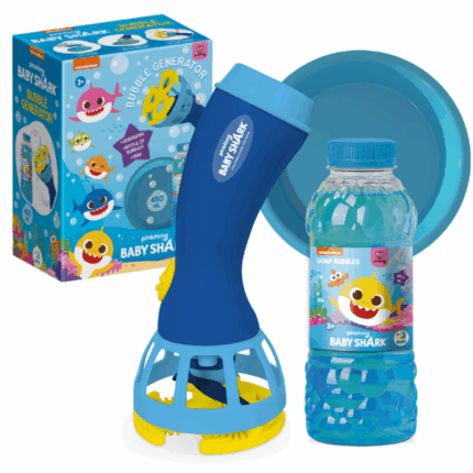 Suflantă cu bule «Baby Shark», 450 ml Intră în lumea distracției cu generatorul automat de baloane de săpun „Baby Shark”! Jucăria eliberează zeci de baloane pe minut – tot ce trebuie să faci este să adaugi soluția și să apeși pe buton. Designul amuzant în formă de rechin adaugă un plus de magie oricărei activități.Caracteristici: 	Generator automat de baloane 	Design atrăgător în formă de rechin 	Ușor de folosit – apeși și funcționează 	Funcționează cu baterii (nu sunt incluse) 	Potrivit pentru copii de la 3 ani