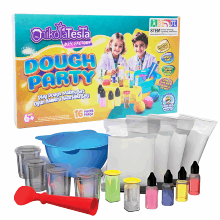 Fabrica DIY de Aluat Nikola Tesla Descoperiți procesul fascinant de creare a plastilinei proprii cu setul "Dough Party"! Acest set științific și creativ le permite copiilor să se distreze și să învețe bazele chimiei și artei. Potrivit pentru copii de la 6 ani.Conținutul setului:4 pungi a câte 150 g de amestec uscat pentru plastilină.1 lingură de plastic pentru amestecare.1 bol pentru amestecare.4 recipiente pentru plastilina creată.3 coloranți.1 recipient cu sclipici.2 flacoane cu aromă.1 pudră fosforescentă.1 manual de experimente.Beneficii:Dezvoltă creativitatea și motricitatea fină.Sprijină învățarea prin joacă (STEM).Ideal pentru activități în familie sau cu prietenii.Materiale sigure, testate pentru copii.