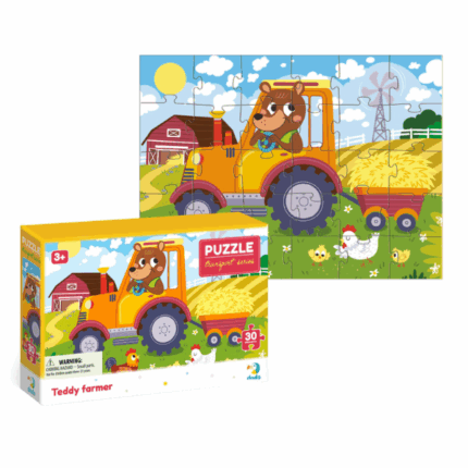Puzzle «Ursulețul fermier», seria Transport, 30 elem. În fiecare dimineață, ursulețul fermier are grijă de lanul de grâu. Se urcă în tractorul său portocaliu preferat și începe să cosească spicele. Datorită muncii sale harnice, animăluțele au pe masă pâine proaspătă — bravo ursulețului și tractorului său!Acest puzzle din seria „Transport” de la Dodo oferă o poveste colorată și prietenoasă pentru copiii de la 3 ani. Piesele mari, din carton gros, sunt ușor de manevrat și ajută la dezvoltarea motricității fine, atenției și gândirii spațiale.Caracteristici: 	Număr de piese: 30 	Dimensiune puzzle asamblat: 27 × 20 cm 	Dimensiune cutie: 14 × 21 × 4 cm 	Vârsta recomandată: 3+ ani 	Seria: Transport 	Brand: DodoPerfect pentru începători și pentru micii pasionați de mașinuțe și utilaje!