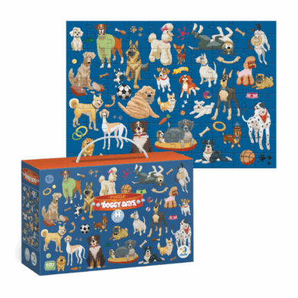 Puzzle «Zilele cățeilor», seria Doggy Days, 100 elem. Puzzle-ul "Zilele cățeilor" de la Dodo este o aventură plină de culoare în lumea prietenilor patrupezi! Ilustrația înfățișează zeci de rase de câini în activități zilnice: unii joacă mingea, alții se relaxează sau explorează curioși împrejurimile.Compus din 100 de piese din carton rezistent, acest puzzle îi ajută pe copii să-și dezvolte motricitatea fină, atenția, răbdarea și gândirea logică, oferind în același timp ore de distracție.Perfect pentru copiii de la 5 ani în sus. Ambalajul tip valiză cu mâner îl face ușor de transportat și ideal pentru cadouri.Caracteristici: 	100 piese din carton gros 	Dimensiuni puzzle final: 33 × 43 cm 	Dimensiuni cutie: 15,5 × 7 × 24 cm 	Vârsta recomandată: 5+ ani 	Seria: Doggy Days