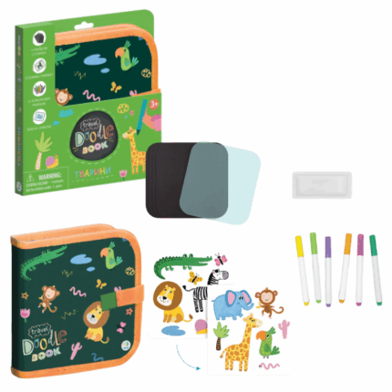 Set de desen pentru călătorii «Animale» Setul include: 	4 pagini cretă 	1 pagină șablon 	1 pagină transparentă 	1 șervețel umed 	6 markere colorate 	dosar pentru depozitare (20,5 × 1,6 × 19,5 cm)