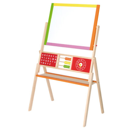 Tabla (șevalet) dublă pe magnit Șevalet magnetic dublu cu abac de la Viga Toys este un instrument excelent pentru educație și creativitate, potrivit copiilor de la 3 ani. Șevaletul este realizat din lemn natural și dispune de două suprafețe de lucru: una neagră pentru desen cu cretă și una albă magnetică pentru marker.Sub tablă se află un panou educativ care include: 	Abac pentru învățarea bazelor matematicii; 	Ceas cu ace pentru învățarea timpului; 	Alfabetul englezesc pentru familiarizarea cu literele.De asemenea, este prevăzut cu un raft practic pentru depozitarea accesoriilor.Caracteristici: 	Dimensiunea tablei: 54 x 40 cm (fără ramă) și 60 x 46 cm (cu ramă); 	Înălțimea șevaletului: 112 cm; 	Material: lemn natural; 	Conținutul setului: cretă colorată, marker, burete pentru ștergere.Avantaje: 	Dezvoltarea abilităților: ajută la învățarea scrisului, cititului, aritmeticii și înțelegerii timpului. 	Design ergonomic: ușor și stabil, ideal pentru casă și grupuri educative. 	Versatilitate: perfect pentru metodele Reggio și Montessori.