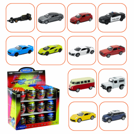 Коллекционные Металлические Машинки 1:60 WELLY, 12 моделей KINDER (24A) KINDER 1:60 FREE WHEELING DELUXE RACER, 12 ASS. ASSORTMENT:52423 - VOLKSWAGEN GOLF 8 GTI(RED)52367 - LAND ROVER DEFENDER (WHITE)52392 - PORSCHE 911 CARRERA 4S (YELLOW)52378 - MCLAREN 675LT COUPE (LIME)52340 - MINI COOPER S PACEMAN (BLUE)52318 - 2009 AUDI R8 V10 COUPE V10 (WHITE)52221 - 1963 VOLKSWAGEN T1 BUS (T1 BUS RED)52407 - AUDI RS e-tron GT (GREY)52412 - AUDI SPORT QUATTRO (RED)52434 - FORD MUSTANG 2024 GT (ORANGE)52364P-W - 2016 DODGE CHARGER PURSUIT (BLACK)52316BG-W - LOTUS T125 (BLACK) 