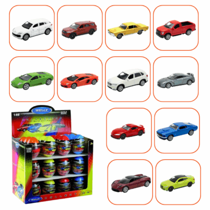 Коллекционные Металлические Машинки 1:60 WELLY, 12 моделей KINDER (24B) KINDER 1:60 FREE WHEELING DELUXE RACER, 12 ASS. ASSORTMENT:52377 - PAGANI HUAYRA (RED)52341 - BMW X5 (CREAM)52394 - TOYOTA SUPRA (RED)52409 - BMW M4 (LIME)52389 - PORSCHE CAYENNE TURBO (WHITE)52348 - 2015 FORD F-150 REGULAR CAB (RED)52376 - 1969 FORD MUSTANG BOSS 429 (BLUE)52252 - LAMBORGHINI MURCIELAGO (GREEN)52310- NISSAN GT-R (GREY)52321 - LAMBORGHINI AVENTADOR COUPÉ (M ORANGE)52230 - 1965 PONTIAC GTO (YELLOW)52435 - 2023 FORD EXPLORER (WHITE) 