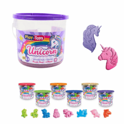 Set cinetic «Unicorn» – 400 g Setul de joacă Play Toys "Super Sand Unicorn" aduce magia unicornilor la viață cu nisip kinetic colorat și forme încântătoare în formă de unicorni. Acest set este ideal pentru copiii care adoră unicornii și activitățile creative manuale, oferind ore întregi de distracție imaginativă.Caracteristici: 	Include 400 g de nisip kinetic colorat. 	Cinci forme unice cu tematică de unicorni. 	Compoziție sigură și non-toxică, potrivită pentru copiii mici. 	Stimulează explorarea senzorială, creativitatea și dezvoltarea motricității fine. 	Fără gluten și testat pentru o utilizare sigură.Permiteți copiilor să pătrundă într-o lume magică a unicornilor cu nisip moale și ușor de modelat, perfect pentru creații imaginative.