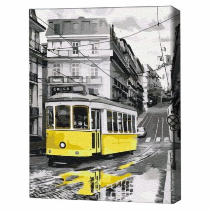 Pictură pe numere 40*50 cm (în cutie) – Tramvaiul galben Setul include:• pânză de bumbac cu o diagramă numerotată a imaginii, pe o ramă de lemn• 3 perii de diferite grosimi• vopsele acrilice numerotate• monturi pentru fixare pe perete