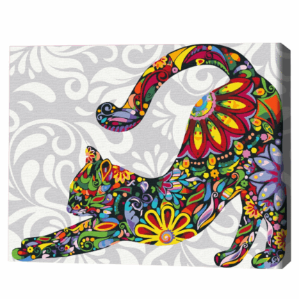 Pictură pe numere 40*50 cm (fără cutie) – Pisica florală Setul include:• pânză de bumbac cu o diagramă numerotată a imaginii, pe o ramă de lemn• 3 perii de diferite grosimi• vopsele acrilice numerotate• monturi pentru fixare pe perete