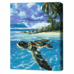Pictură pe numere 40х50 cm (fără cutie)  – Țestoasa tropicală Setul include: 	pânză de bumbac cu o diagramă numerotată a imaginii, pe o ramă de lemn 	 3 perii de diferite grosimi 	 vopsele acrilice numerotate 	 monturi pentru fixare pe perete